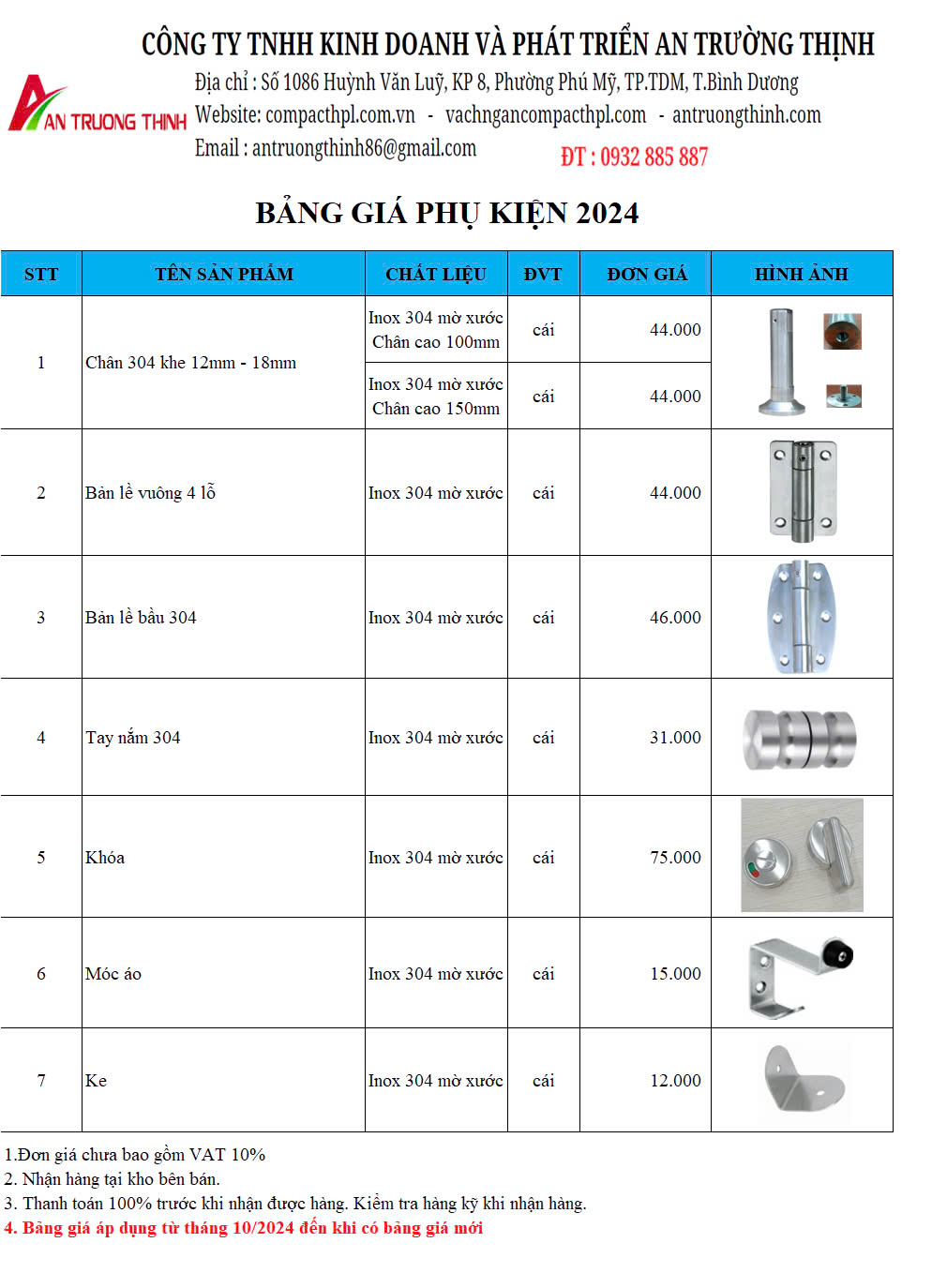 BẢNG GIÁ PHỤ KIỆN INOC 304